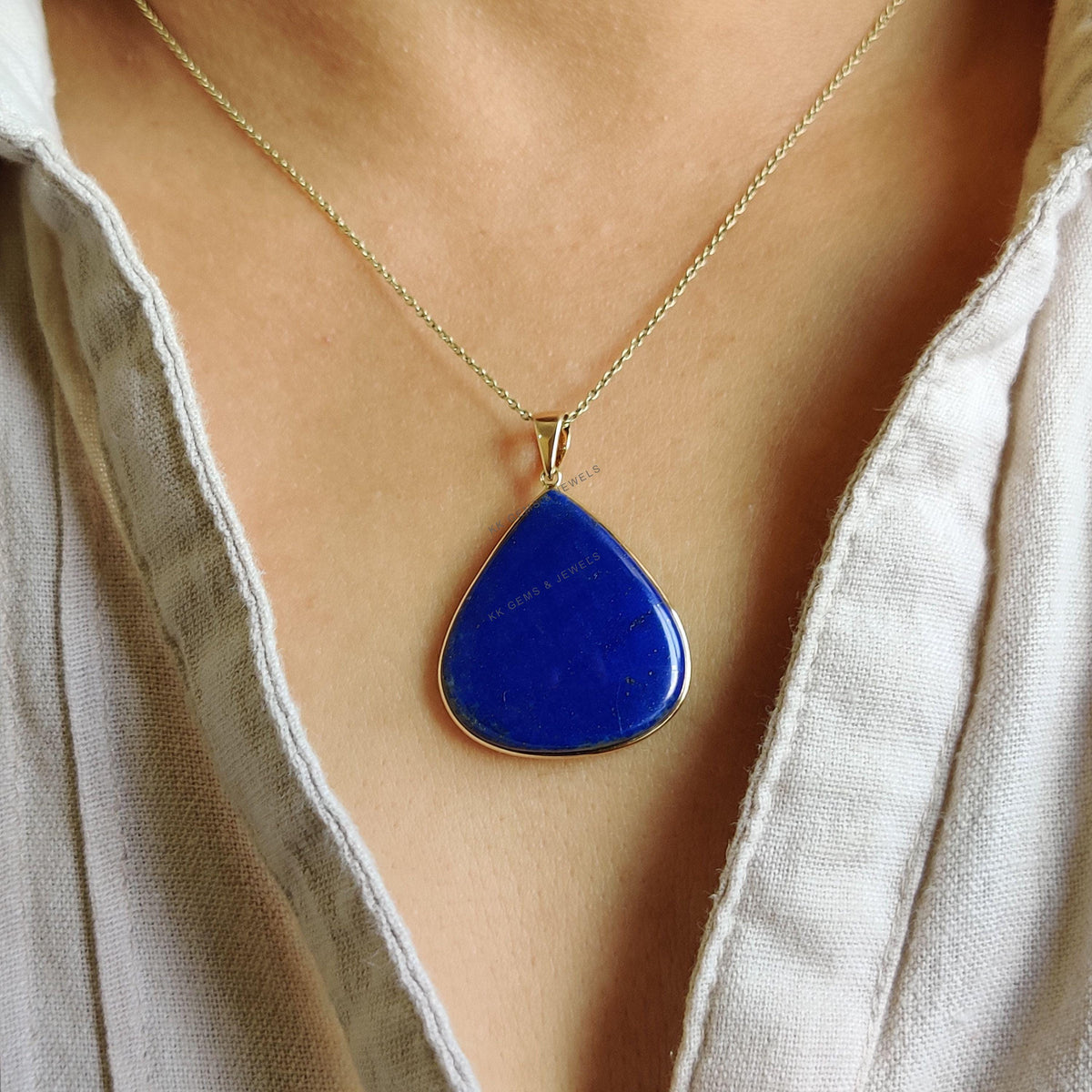 14K Solid Yellow Gold Natural Lapis Lazuli Pear Bezel Pendant, September Birthstone