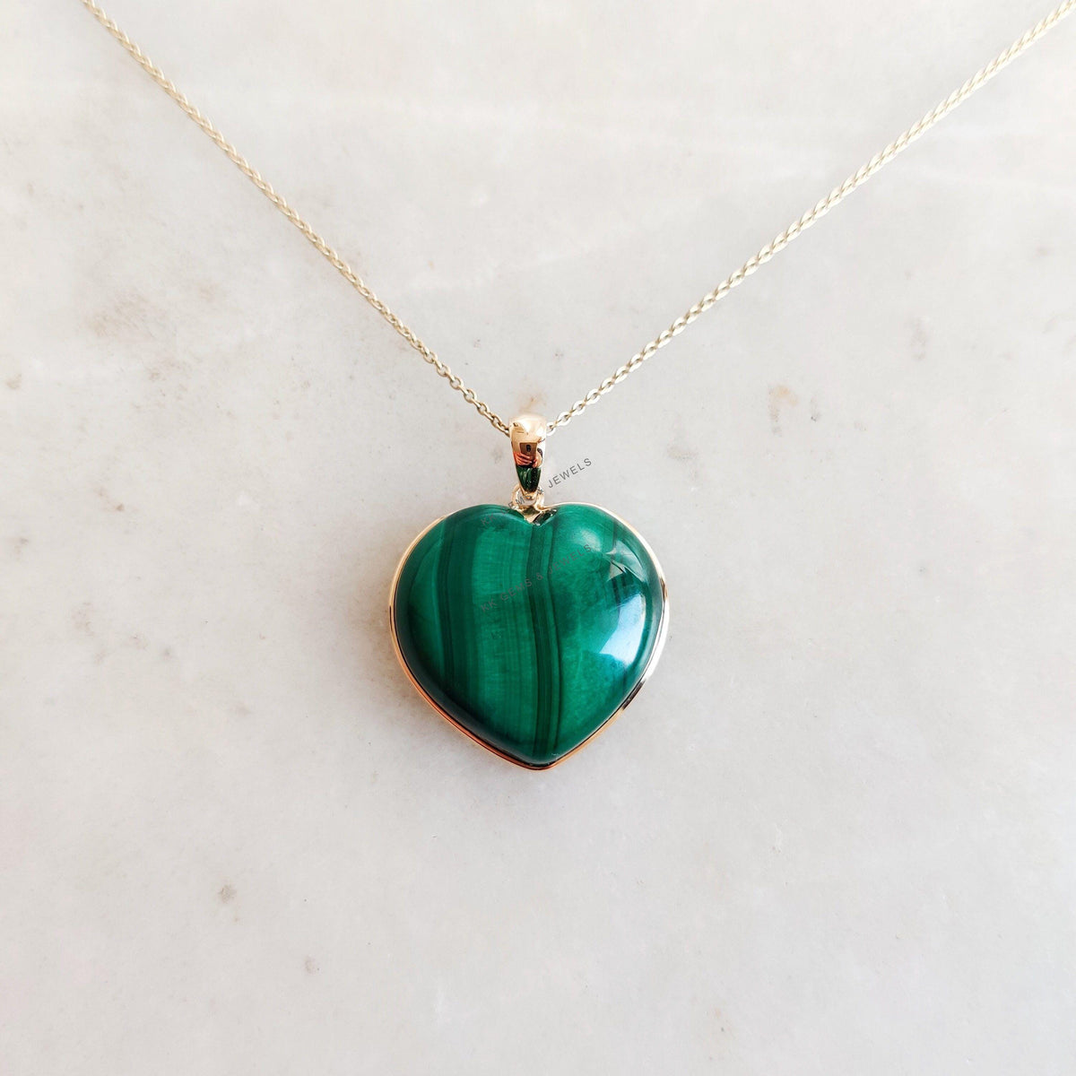 14K Solid Yellow Gold Natural Malachite Heart Pendant, May Birthstone Valentine Gift