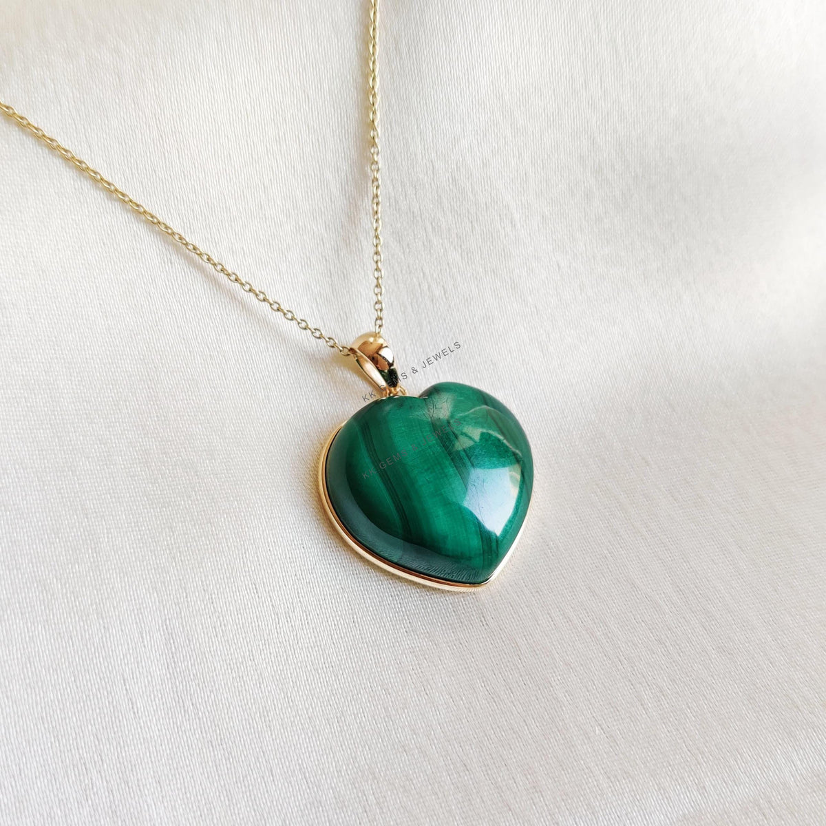 14K Solid Yellow Gold Natural Malachite Heart Pendant, May Birthstone Valentine Gift