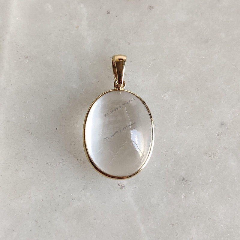 Oval Natural White Moonstone Pendant, 14K Solid Yellow Gold, June Birthstone