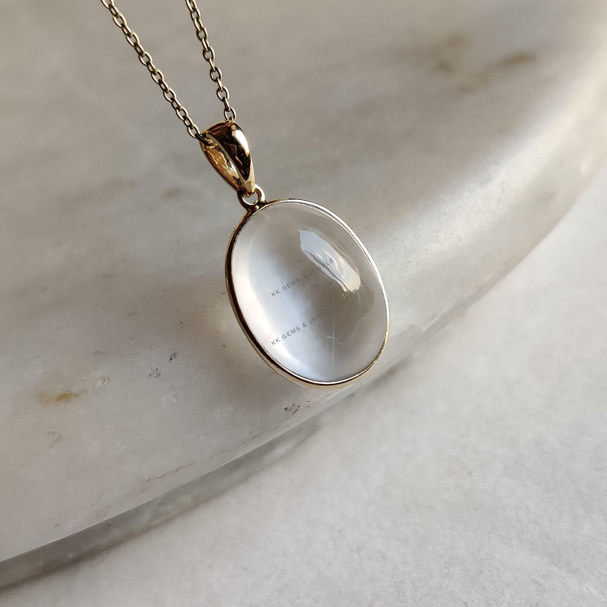 Oval Natural White Moonstone Pendant, 14K Solid Yellow Gold, June Birthstone