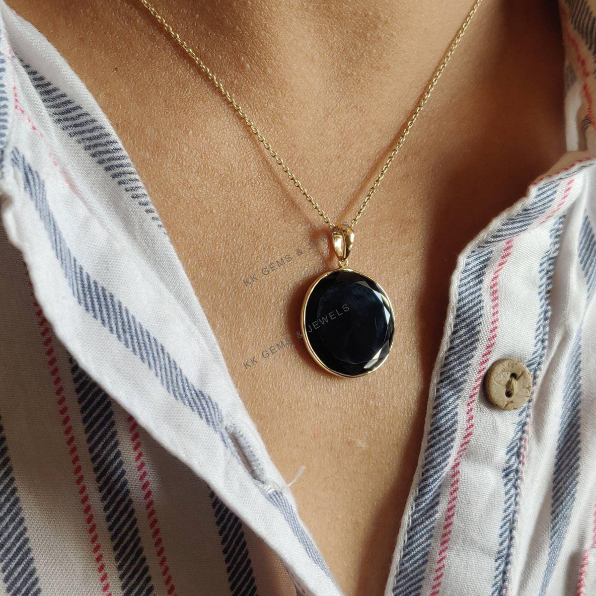 14K Solid Yellow Gold Natural Black Onyx Pendant, Round December Birthstone Pendant, Christmas Present