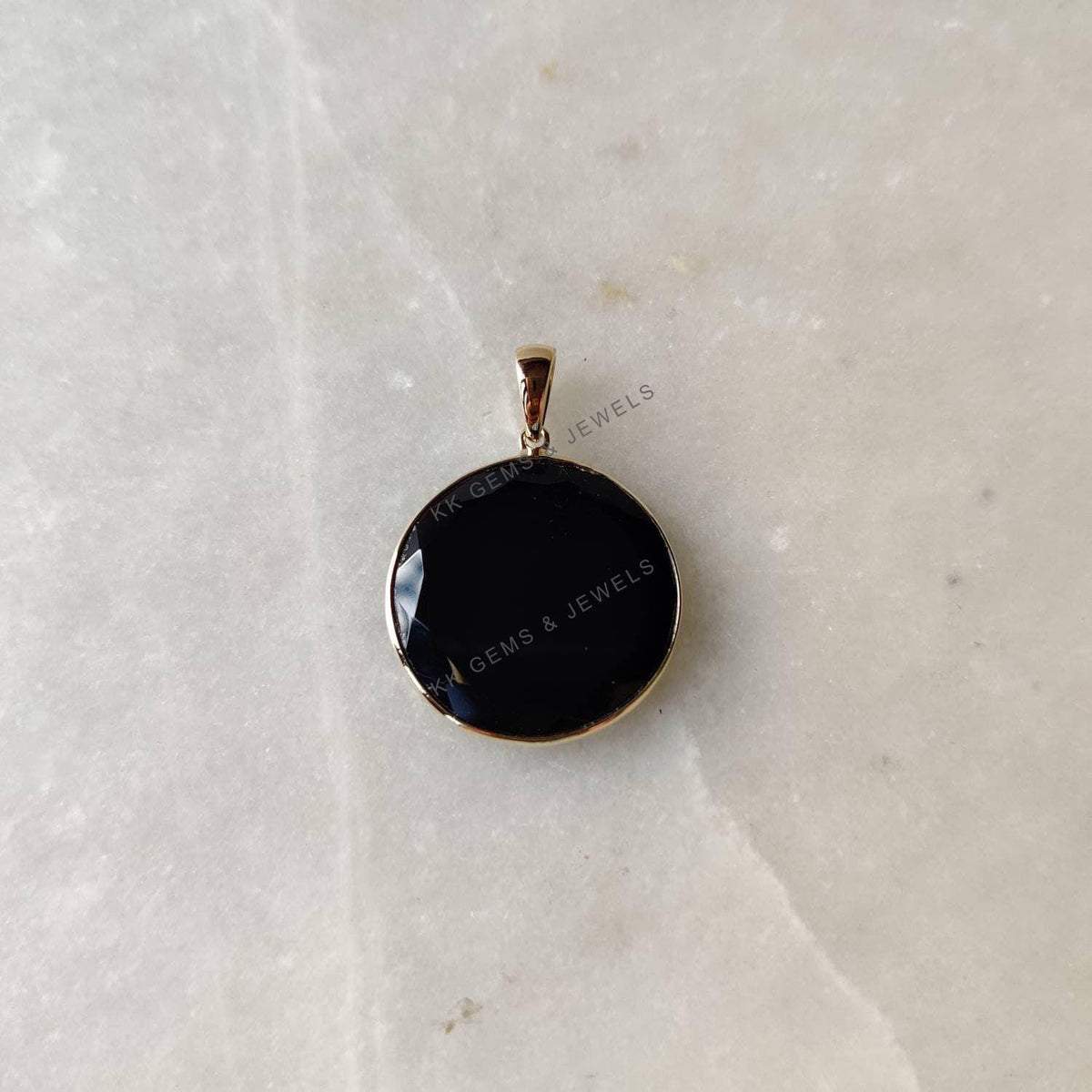 14K Solid Yellow Gold Natural Black Onyx Pendant, Round December Birthstone Pendant, Christmas Present