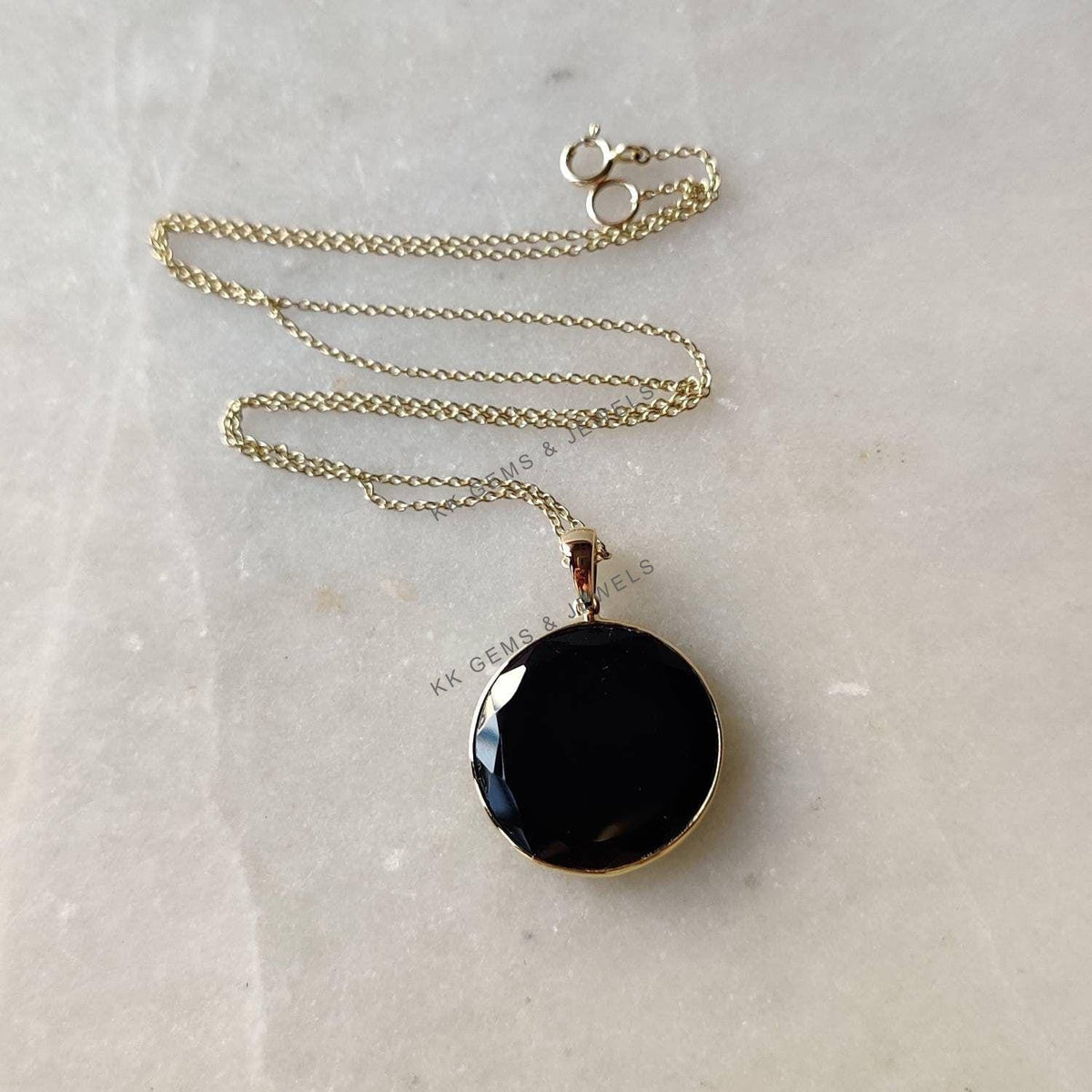 14K Solid Yellow Gold Natural Black Onyx Pendant, Round December Birthstone Pendant, Christmas Present