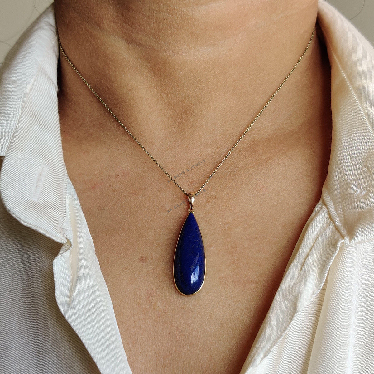 14K Solid Gold Natural Lapis Lazuli Pendant: Pear Cabochon, September Birthstone