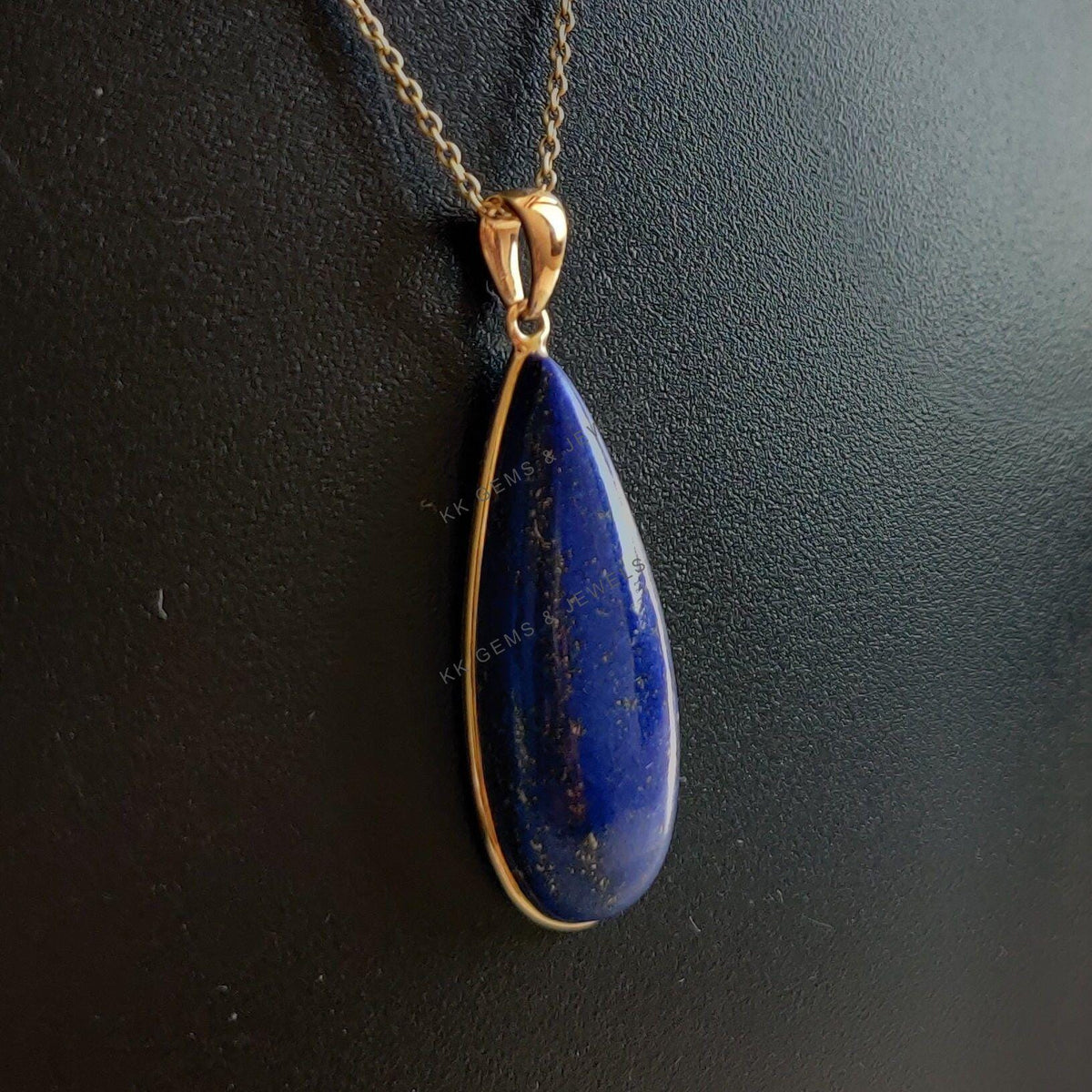 14K Solid Gold Natural Lapis Lazuli Pendant: Pear Cabochon, September Birthstone