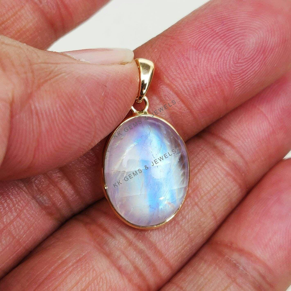 Natural Rainbow Moonstone Pendant, 14K Solid Yellow Gold Bezel, June Birthstone