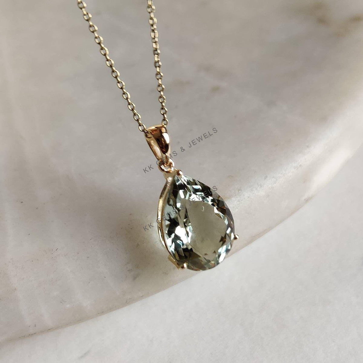 Pear Natural Green Amethyst Pendant, 14K Solid Yellow Gold, February Birthstone