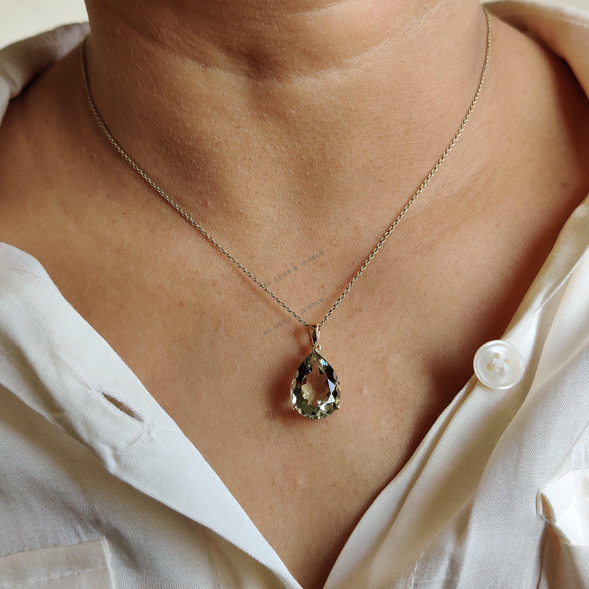 Pear Natural Green Amethyst Pendant, 14K Solid Yellow Gold, February Birthstone