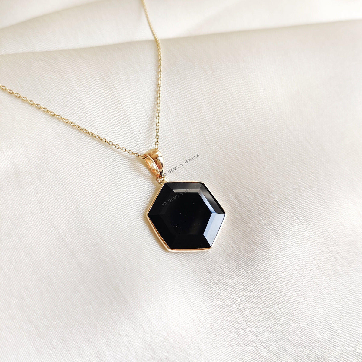 14K Solid Yellow Gold Natural Black Onyx Hexagon Pendant, December Birthstone, Christmas Present
