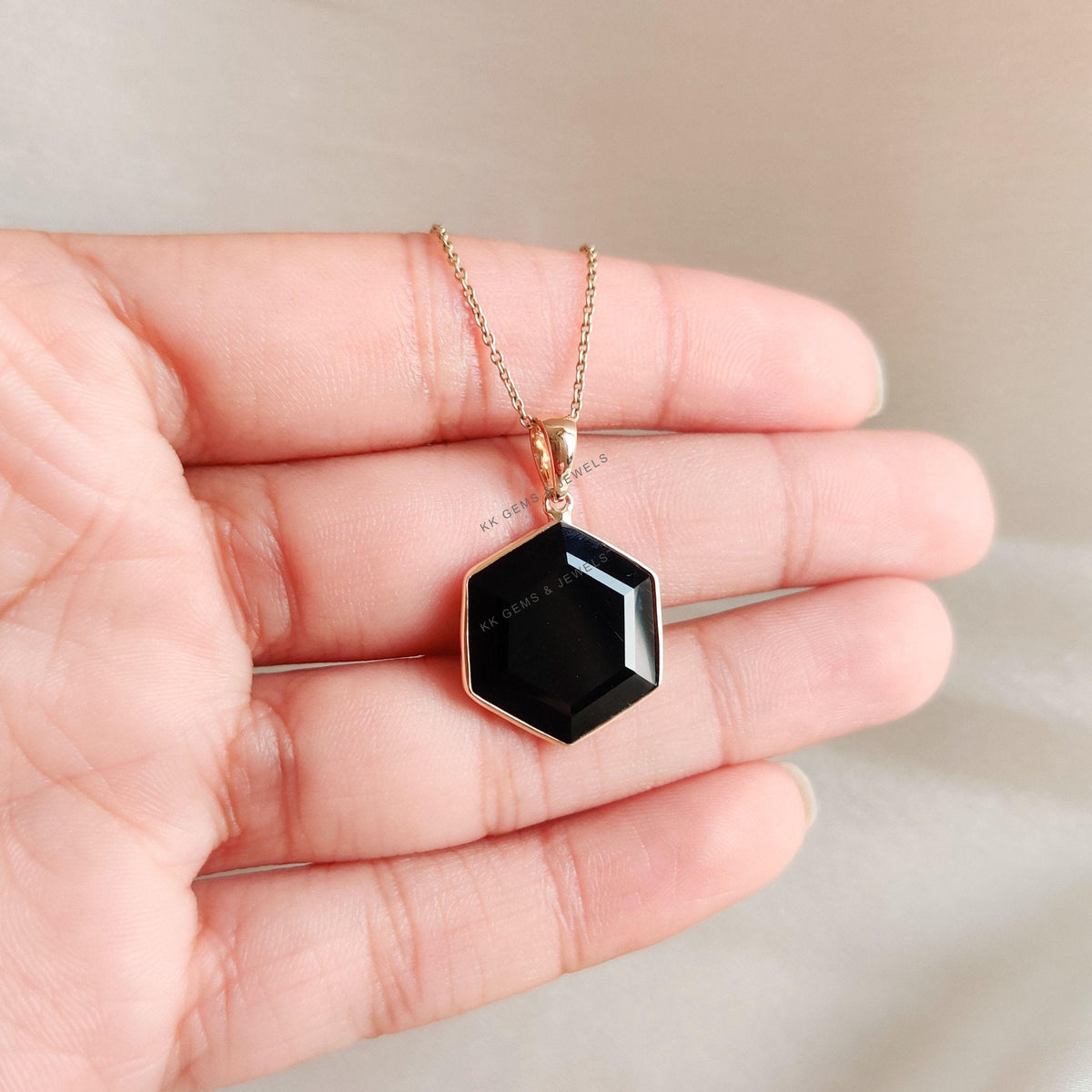 14K Solid Yellow Gold Natural Black Onyx Hexagon Pendant, December Birthstone, Christmas Present