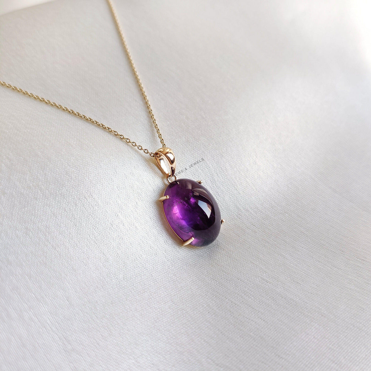 14K Solid Yellow Gold Oval Natural Purple Amethyst Pendant, February Birthstone