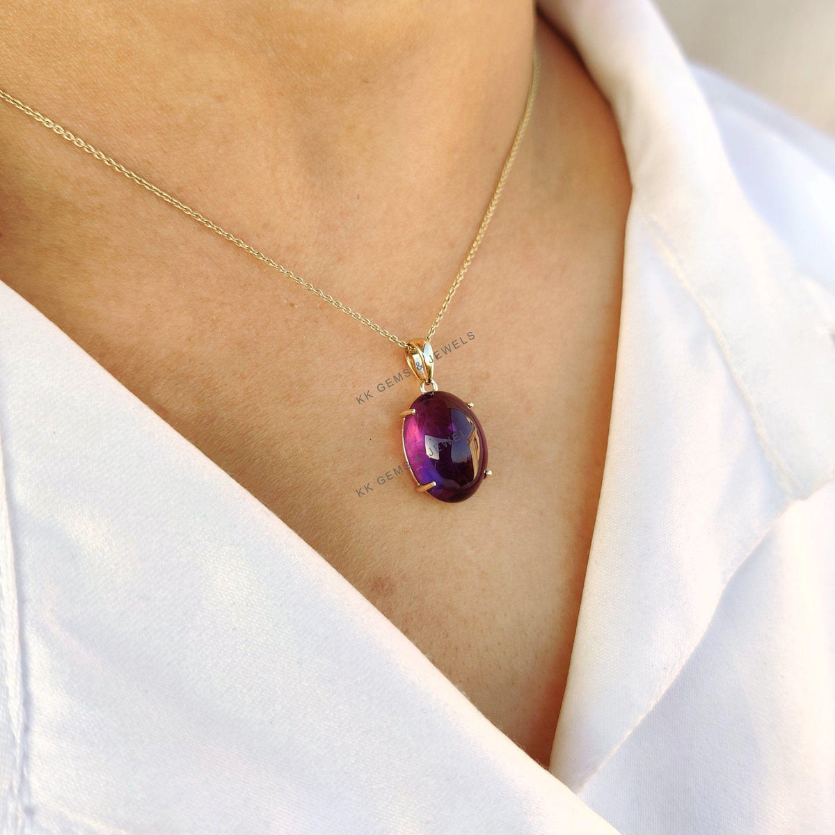 14K Solid Yellow Gold Oval Natural Purple Amethyst Pendant, February Birthstone
