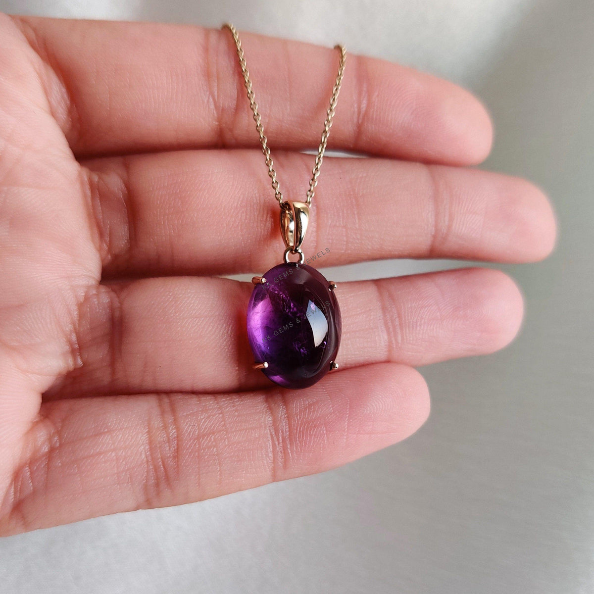 14K Solid Yellow Gold Oval Natural Purple Amethyst Pendant, February Birthstone