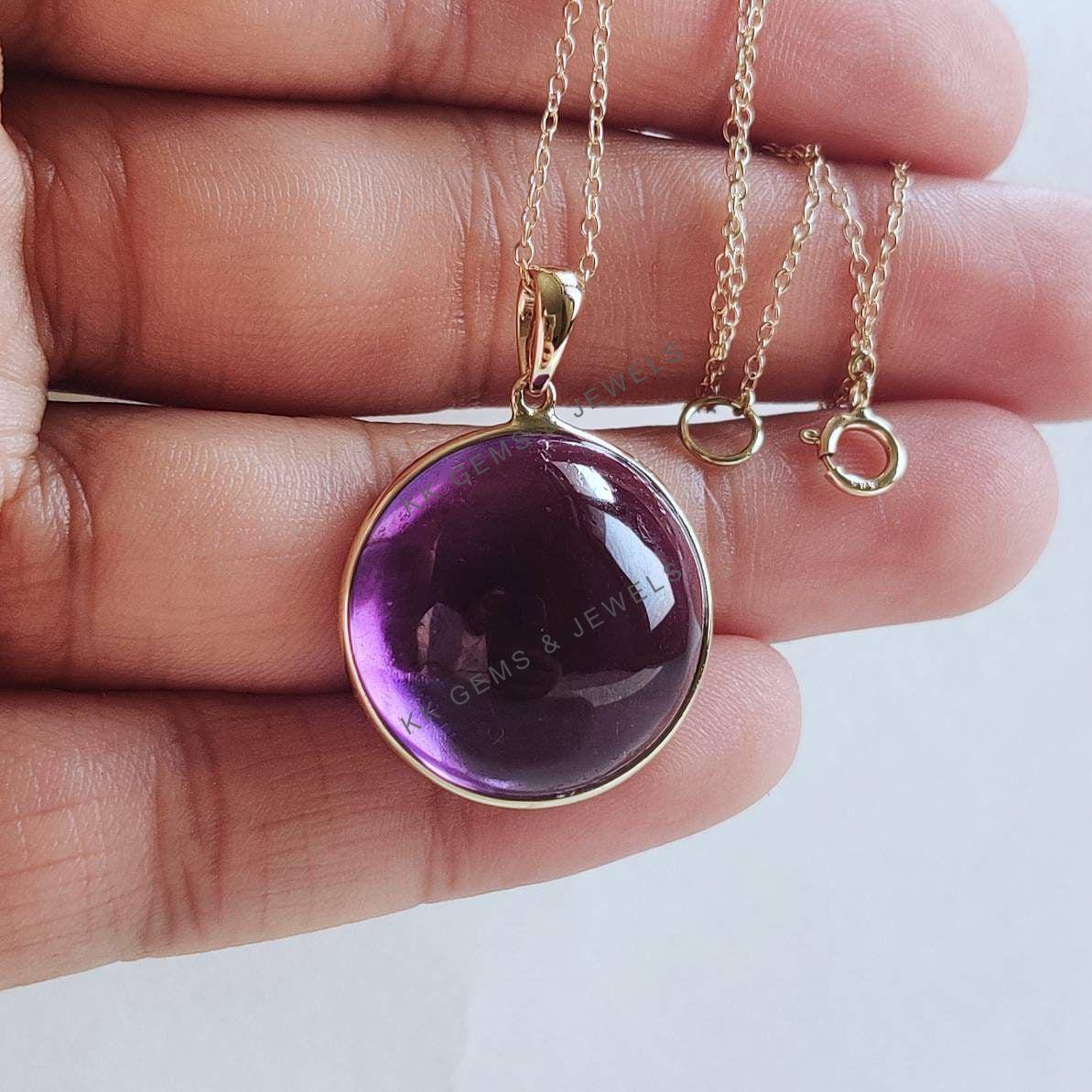 14K Solid Yellow Gold Natural Purple Amethyst Pendant, February Birthstone Jewelry