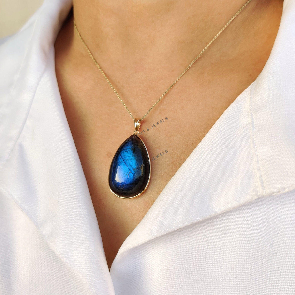 Natural Labradorite Pear Pendant, 14K Solid Yellow Gold Bezel Pendant