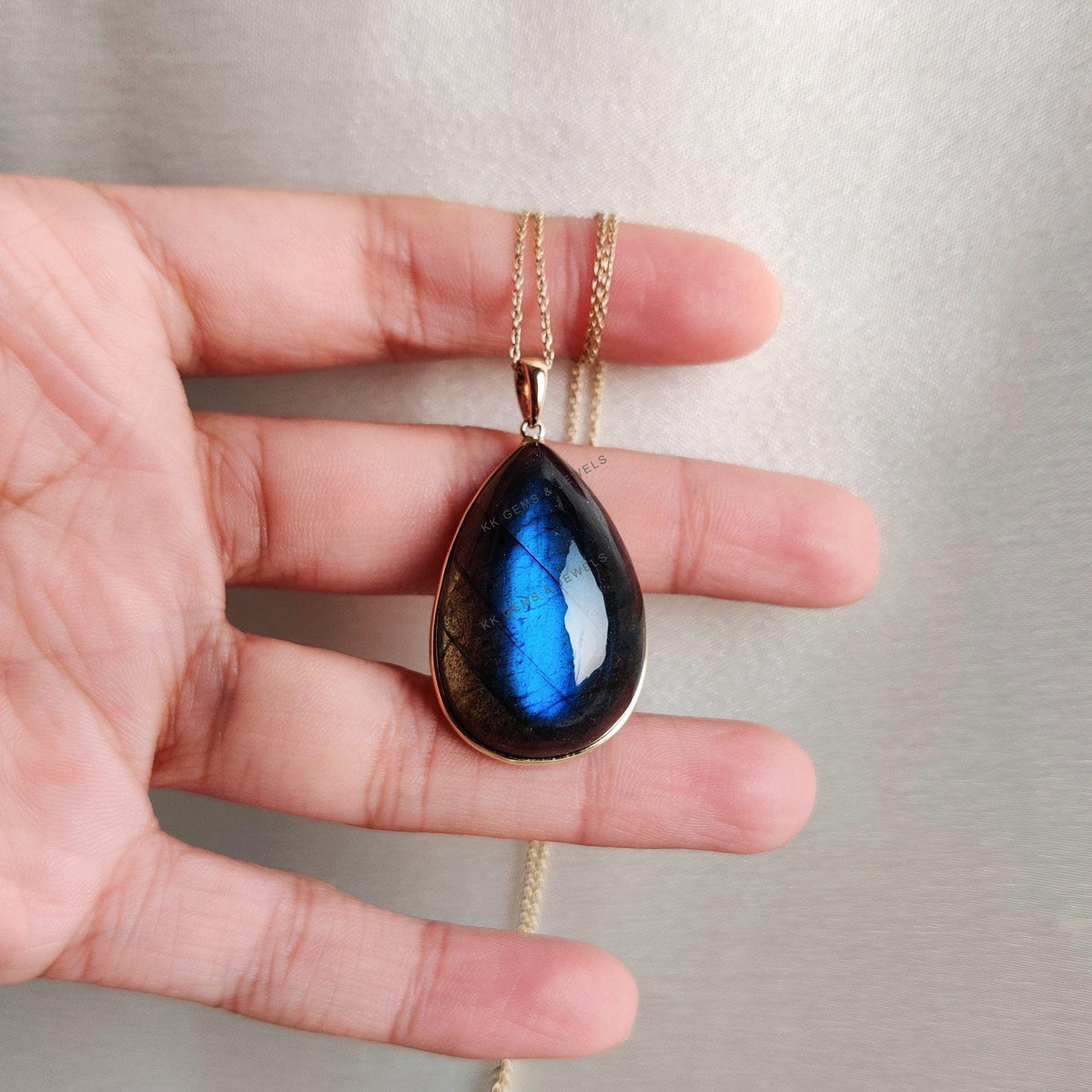 Natural Labradorite Pear Pendant, 14K Solid Yellow Gold Bezel Pendant