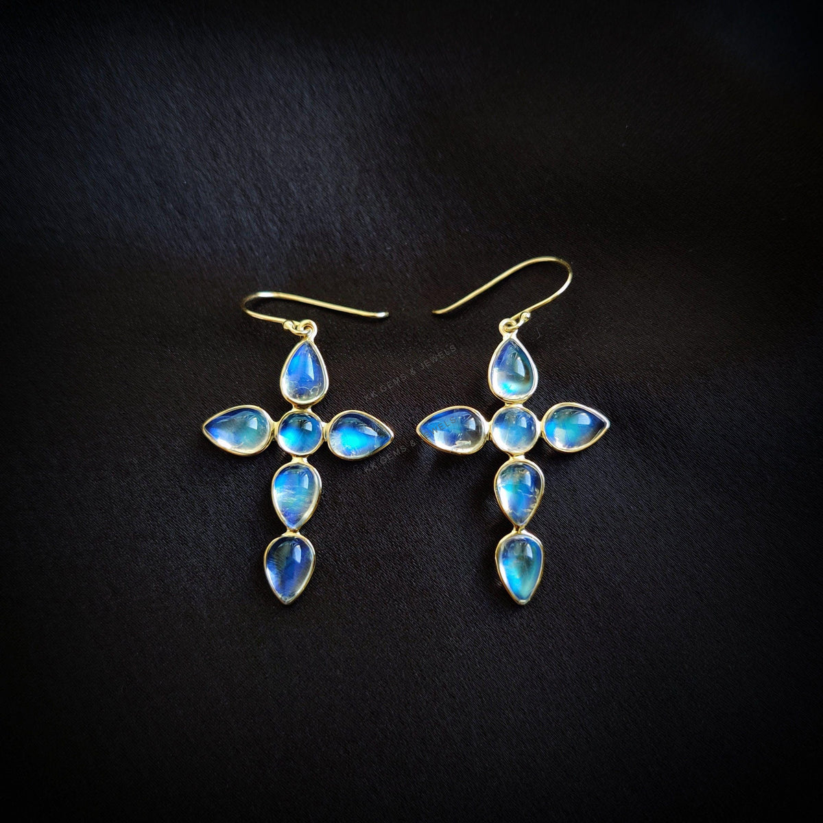 14K Solid Yellow Gold Natural Rainbow Moonstone Cross Earrings, June Birthstone