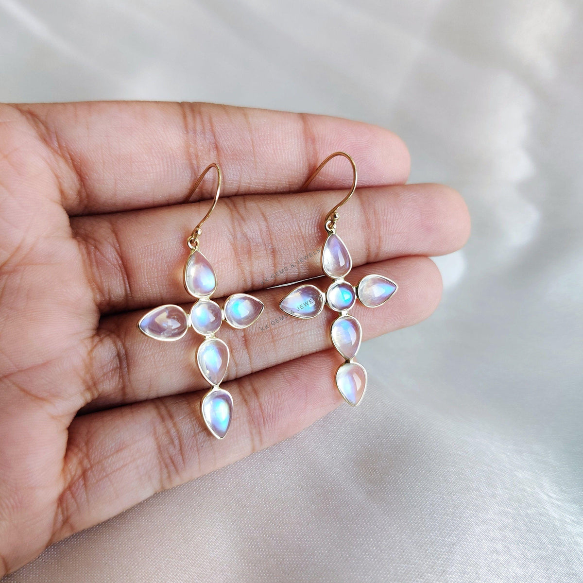 14K Solid Yellow Gold Natural Rainbow Moonstone Cross Earrings, June Birthstone