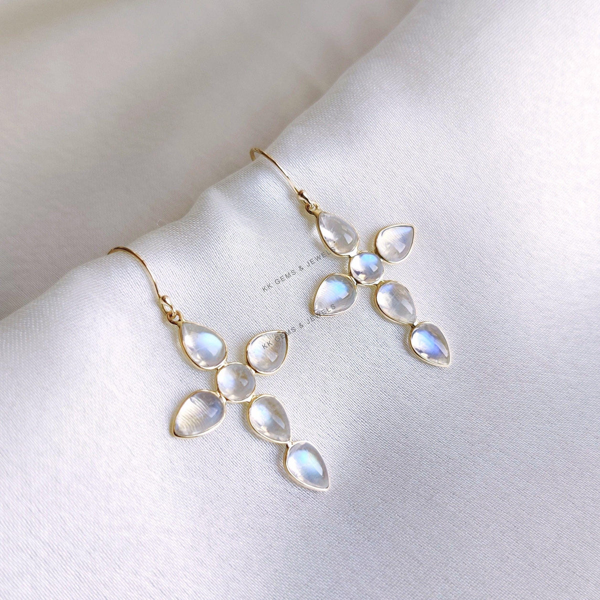 14K Solid Yellow Gold Natural Rainbow Moonstone Cross Earrings, June Birthstone