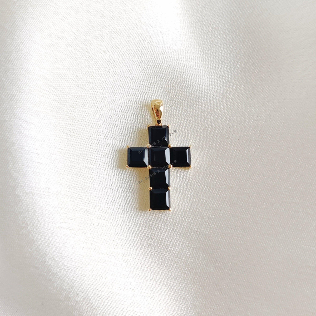 Natural Black Onyx Cross Pendant, 14K Solid Yellow Gold, December Birthstone