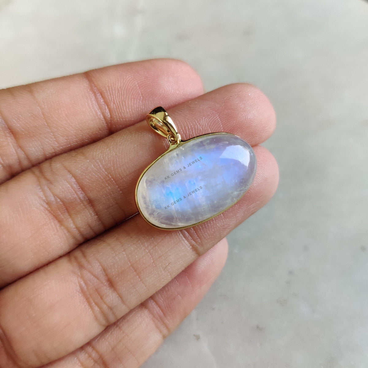 14K Solid Yellow Gold Natural Rainbow Moonstone Pendant, June Birthstone