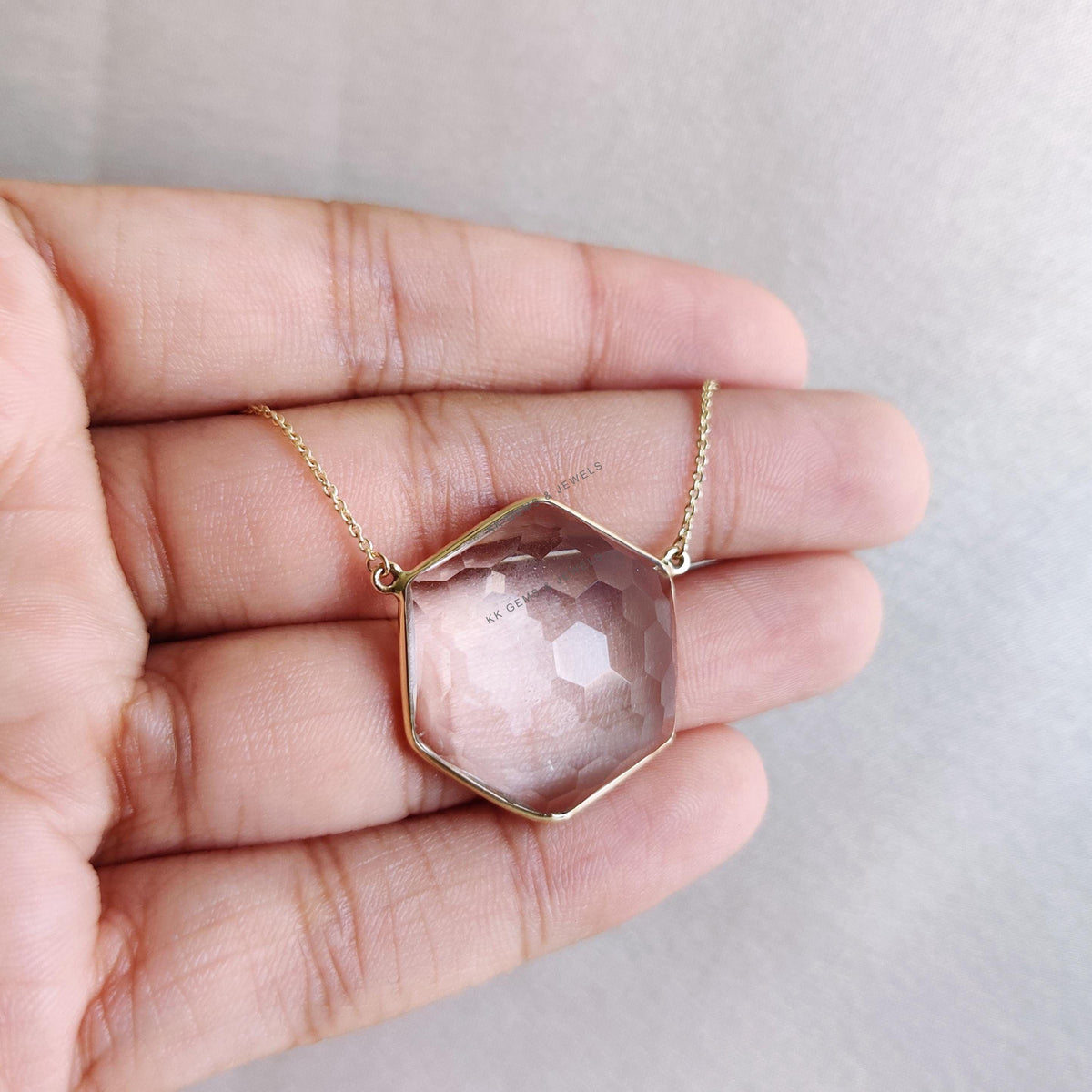 14K Solid Yellow Gold Natural Clear Quartz Hexagon Football Cut Chain Necklace, April Birthstone
