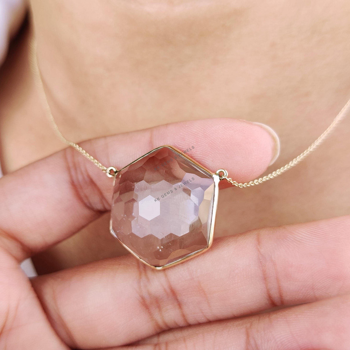 14K Solid Yellow Gold Natural Clear Quartz Hexagon Football Cut Chain Necklace, April Birthstone