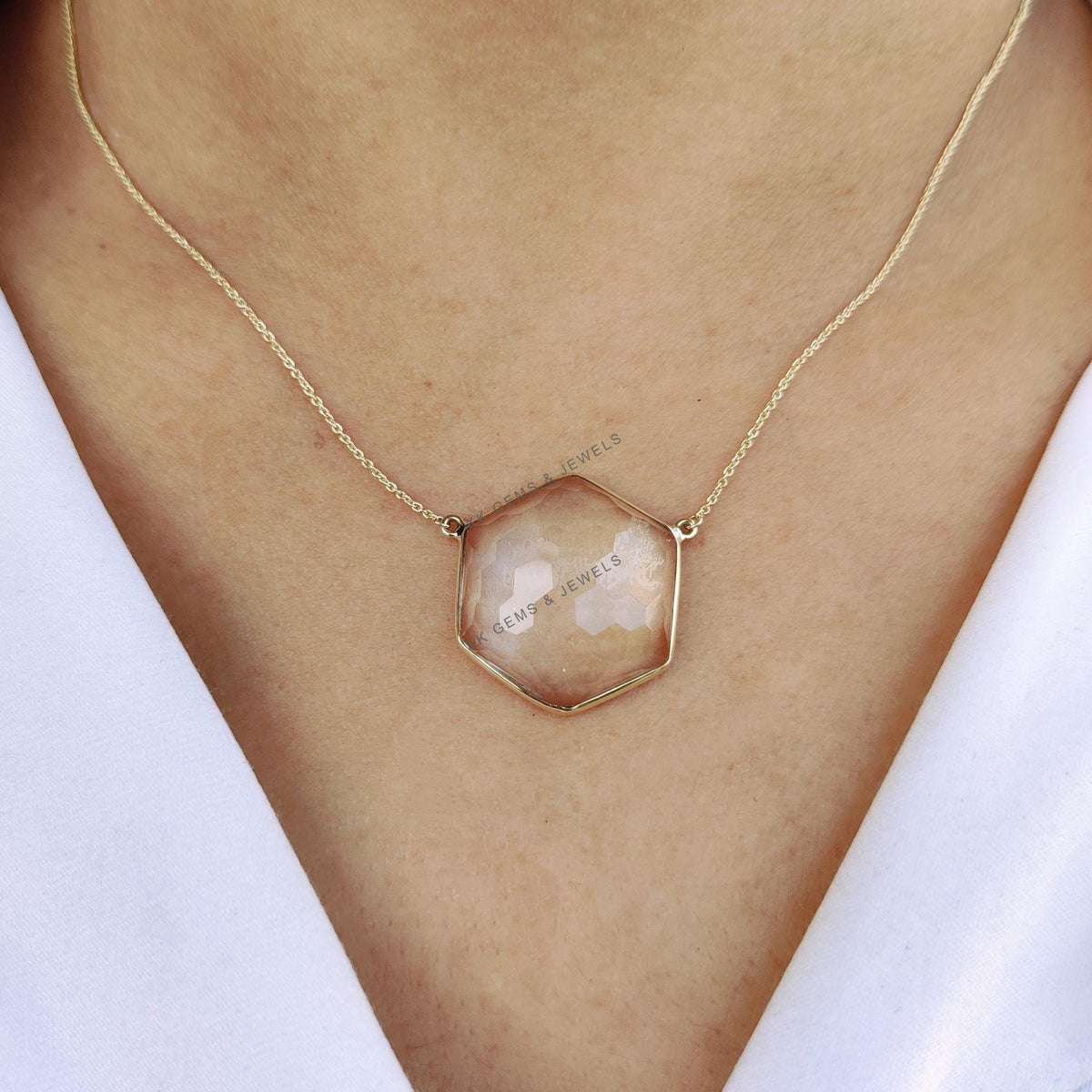 14K Solid Yellow Gold Natural Clear Quartz Hexagon Football Cut Chain Necklace, April Birthstone