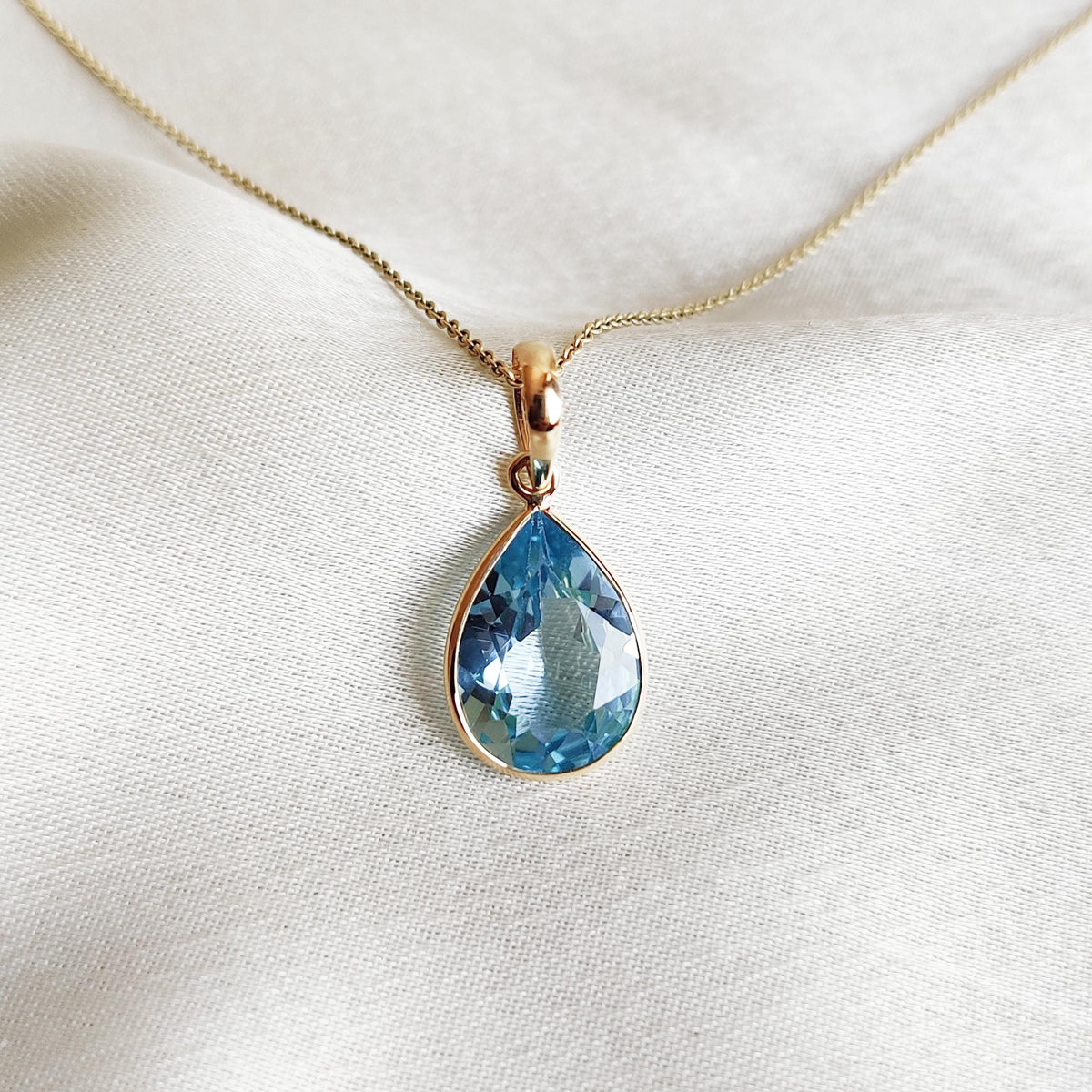 14K Solid Yellow Gold Natural Sky Blue Topaz Pear Pendant, December Birthstone