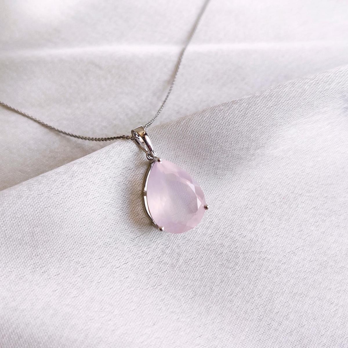 Natural Rose Quartz 14K Solid White Gold Pear Pendant, January Birthstone