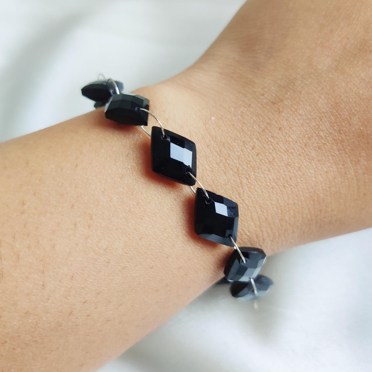 Natural Black Onyx 14K Solid White Gold Bracelet, Geometric Gemstone