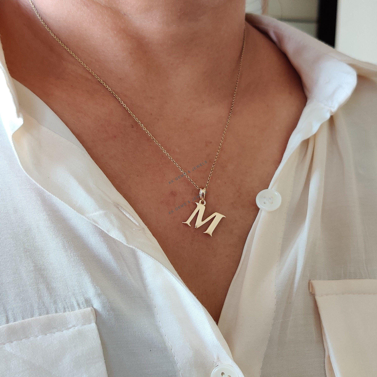 14K Solid Yellow Gold Initial M Pendant, Particular Charm