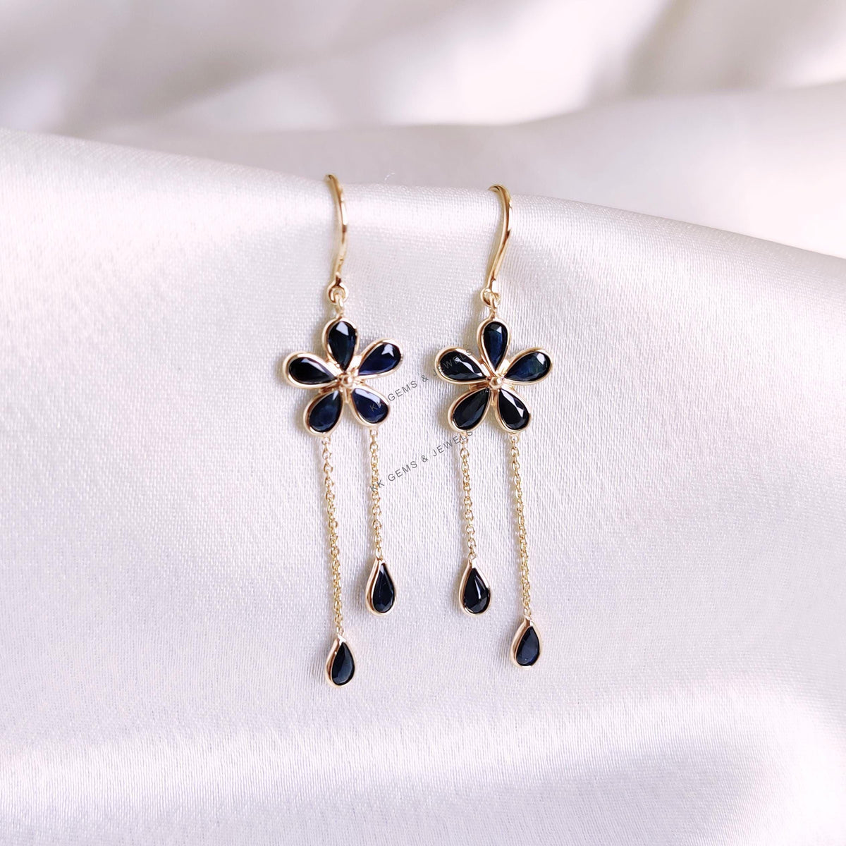 14K Solid Gold Natural Blue Sapphire Flower Drop Earrings, September Birthstone