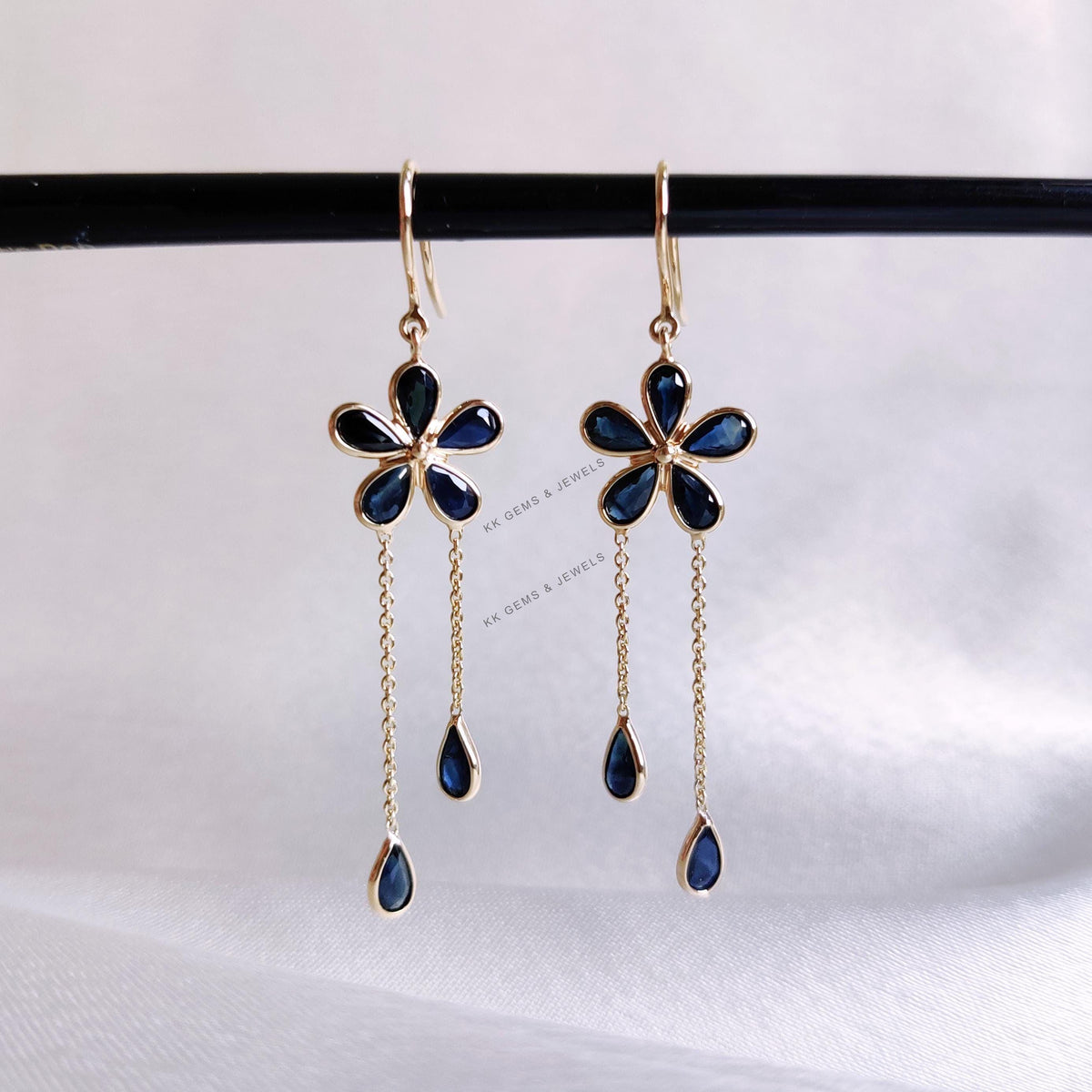 14K Solid Gold Natural Blue Sapphire Flower Drop Earrings, September Birthstone