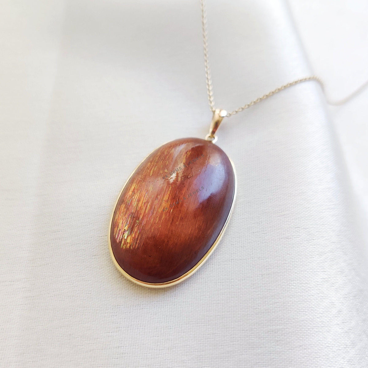 14K Solid Yellow Gold Natural Sunstone Pendant, Oval Cabochon, July August Birthstone