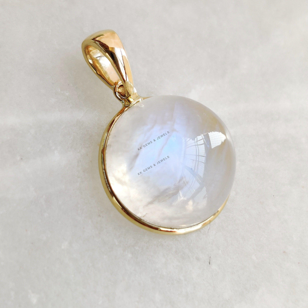 Natural Rainbow Moonstone Round Bezel Pendant, 14K Solid Yellow Gold Bezel, June Birthstone