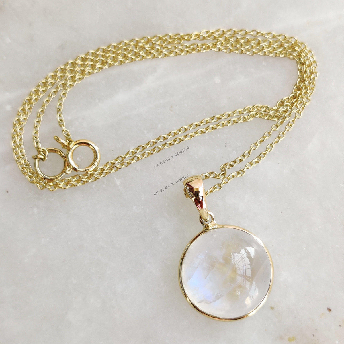 Natural Rainbow Moonstone Round Bezel Pendant, 14K Solid Yellow Gold Bezel, June Birthstone