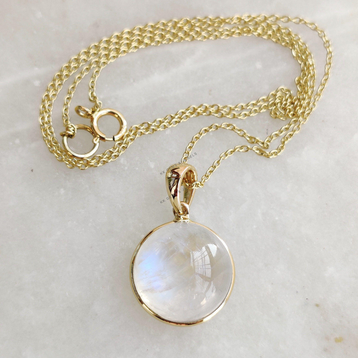 Natural Rainbow Moonstone Round Bezel Pendant, 14K Solid Yellow Gold Bezel, June Birthstone