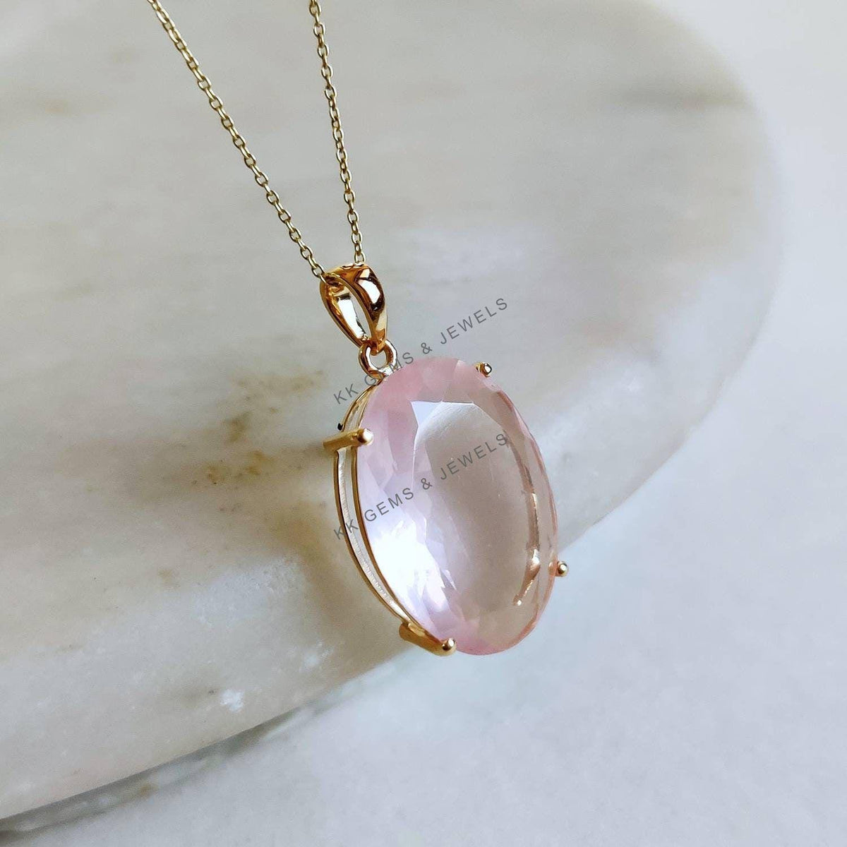 14K Solid Gold Natural Rose Quartz Pendant, Oval Prong Setting, January Birthstone