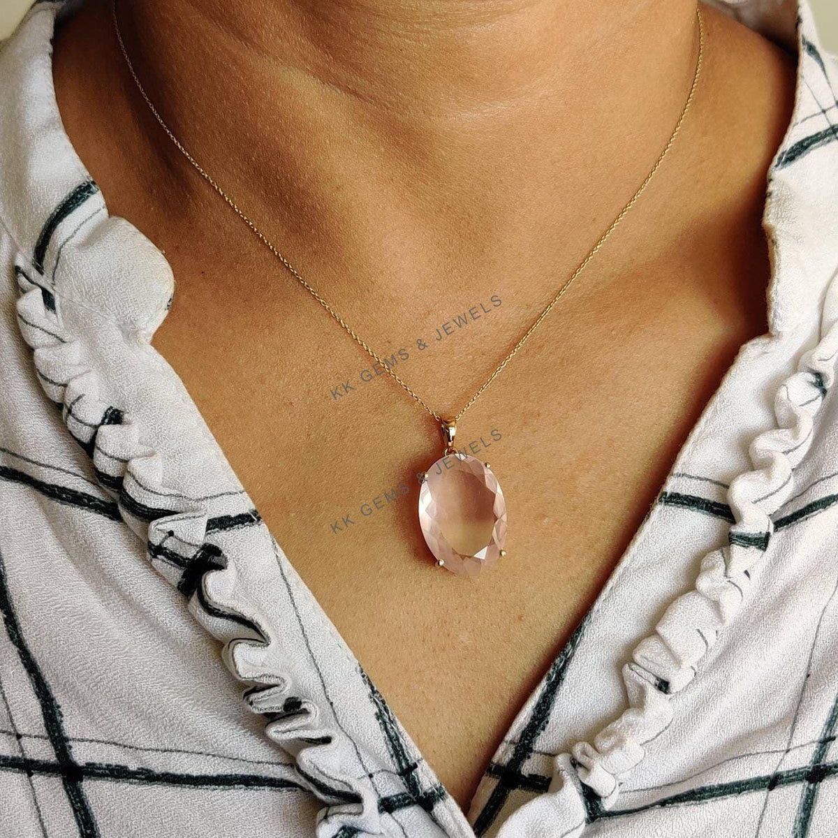 14K Solid Gold Natural Rose Quartz Pendant, Oval Prong Setting, January Birthstone