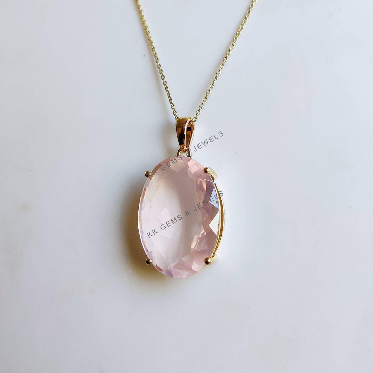 14K Solid Gold Natural Rose Quartz Pendant, Oval Prong Setting, January Birthstone