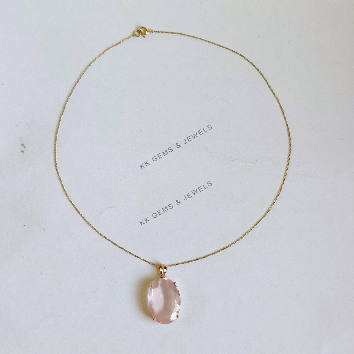 14K Solid Gold Natural Rose Quartz Pendant, Oval Prong Setting, January Birthstone