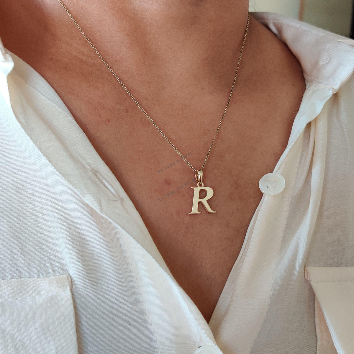 14K Solid Gold Initial R Pendant, Personalized Charm