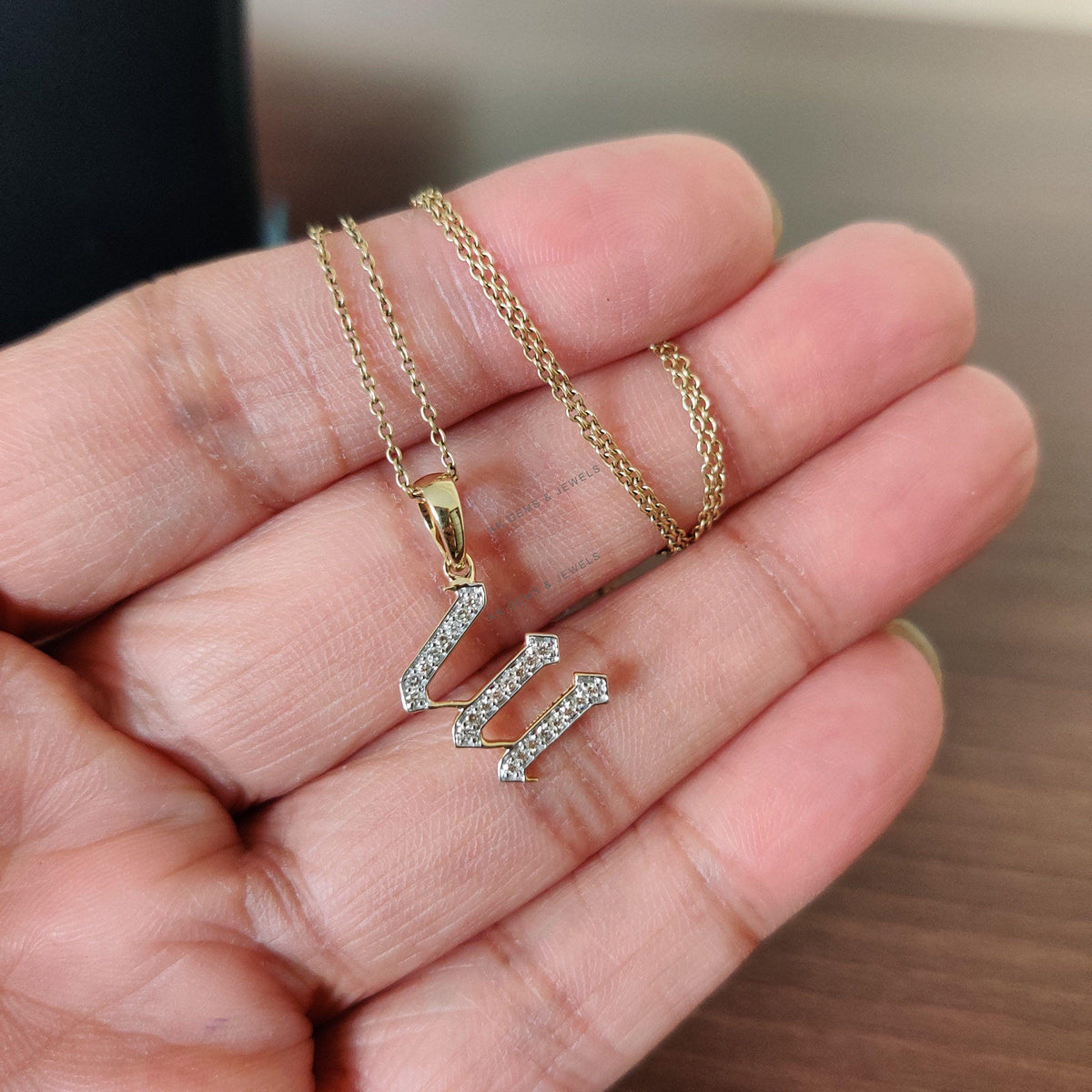14K Solid Gold Diamond Initial W Pendant, Dainty Alphabet Necklace