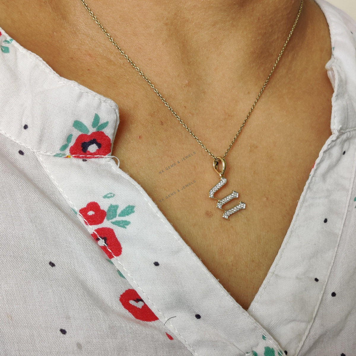 14K Solid Gold Diamond Initial W Pendant, Dainty Alphabet Necklace