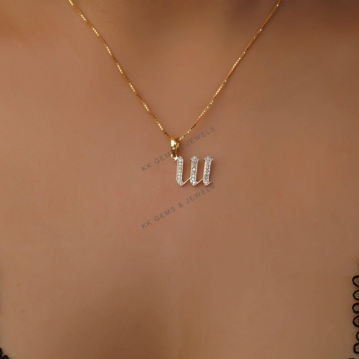 14K Solid Gold Diamond Initial W Pendant, Dainty Alphabet Necklace