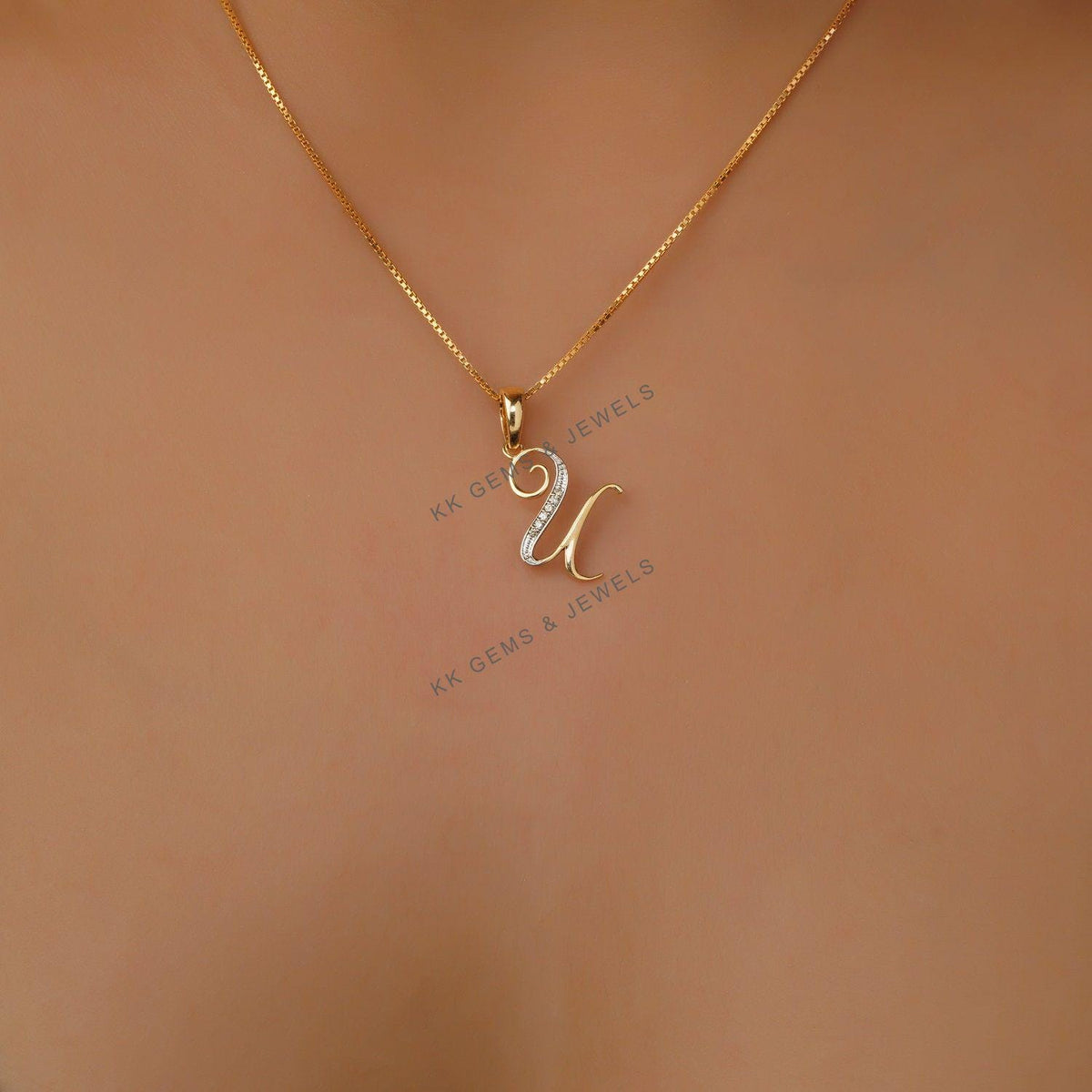 14K Solid Gold Initial U Pendant, Natural Diamond Charm Pendant