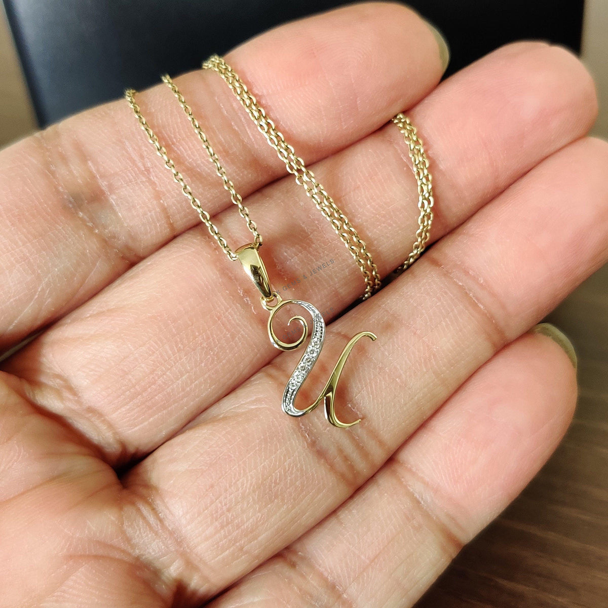 14K Solid Gold Initial U Pendant, Natural Diamond Charm Pendant