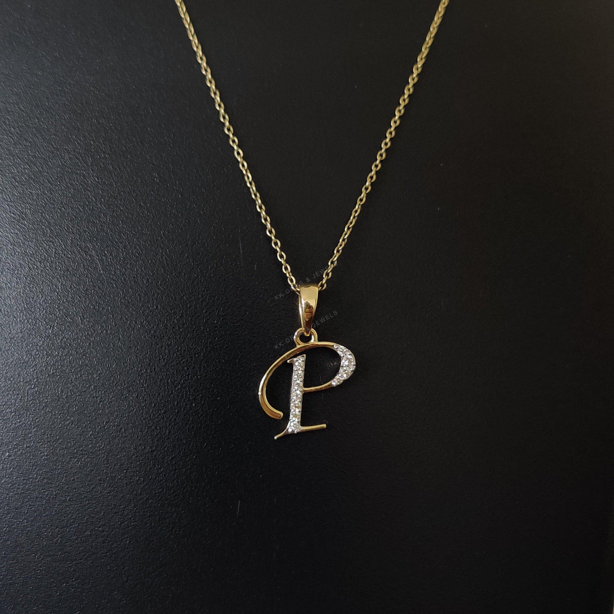 14K Solid Gold Initial P Pendant, Natural Diamond Charm Alphabet